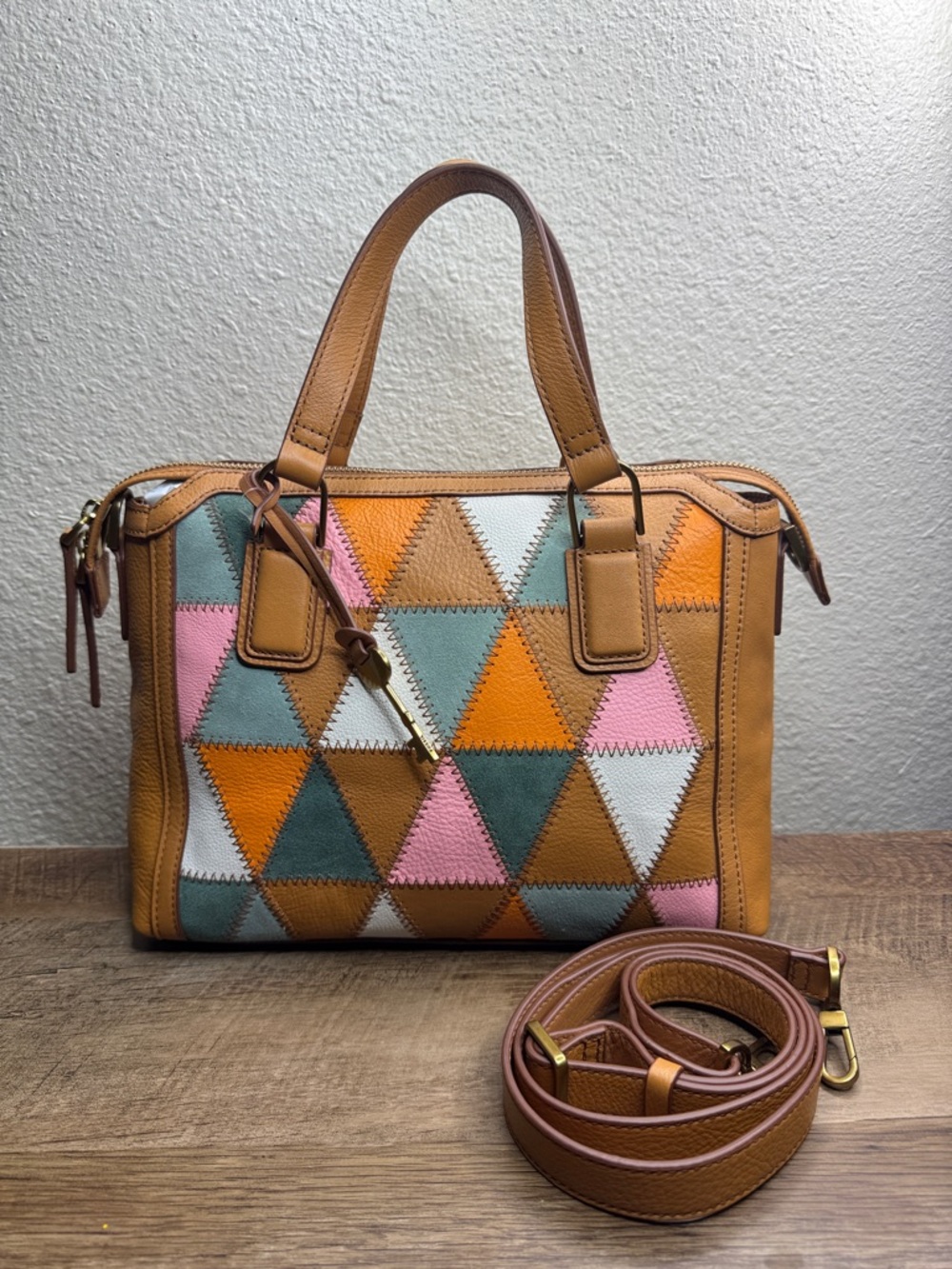 ✨👜Fossil Jacquline Eco Leather Satchel with Pink, Orange, Patchwork 🌿🔥